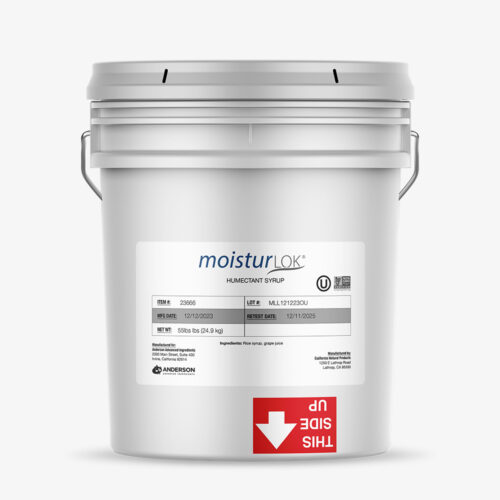 White pail of MoisturLOK Humectant Syrup with printed label and product details